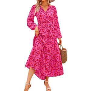 PrettyGarden Women Rose Red Polyester V Neck Long Sleeve Floral Maxi Dress